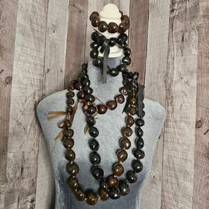 Hawaiian Kukui Nut Lei Necklace Bracelet Brown Black Aloha Luau Gift Bundle Lot